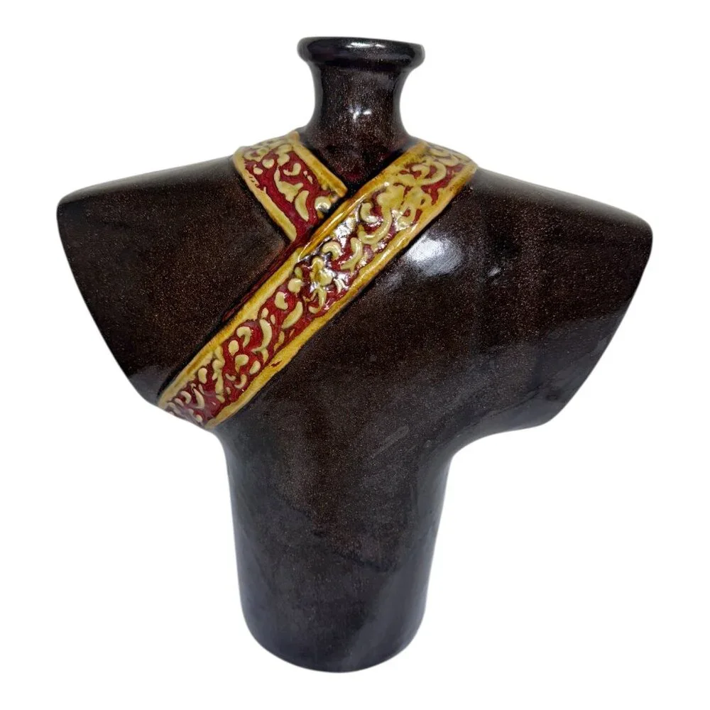 Vintage Kimono-Inspired Ceramic Abstract Vase W/ Ornate Red & Gold Detailing 12”